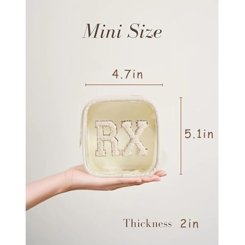 Small Chenille Letter Clear Medicine Makeup Bags,Nylon PVC Waterproof Rx Pouch with Metal Zipper, Cute Drug First Aid Travel Organizer for Women Girls(06Beige)2