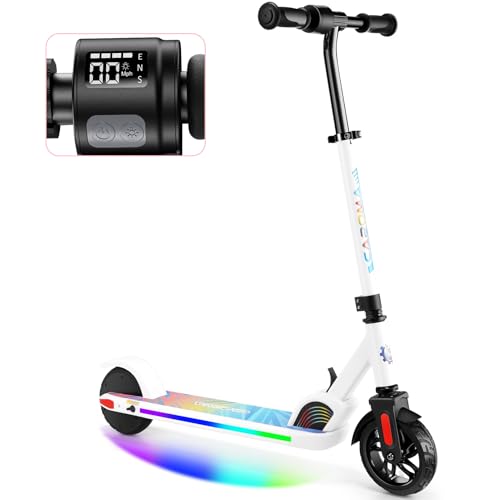 Caroma Elektroroller für Kinder von 8-12 Jahren, 150W Motor, 16 km/h, 60 min Fahrzeit, Einstellbare Geschwindigkeit & Höhe, Bunte Lichter, LED Display, Faltbarer Kinder Elektroscooter