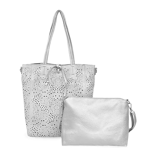 Borsa a Spalla da Donna, Borsa Shopper Traforata Grande Capienza, Inclusa Pochette a Tracolla Regolabile, Shopping Bag Hobo in Pelle PU per Lavoro, Ufficio, Viaggio, Università (Argento)