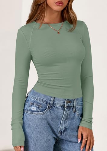 PRETTYGARDEN Long Sleeve Shirts for Women 2025 Fall Going Out Tops Casual Ribbed Knit Slim Fitted Basic Tees Y2K Clothes