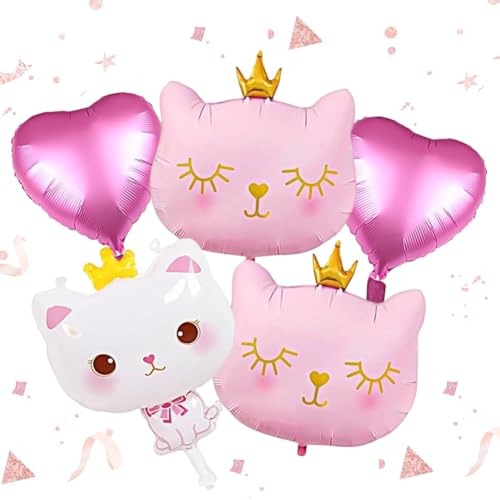 Ballon Helium Chat de Couronne - 5 Pièces Animal Chat Ballons, Décoration d'Anniversaire en Aluminium pour Chatons - Blanc, Rose, Chat pour Décocration Fête