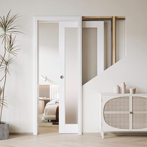 Image of Frosted Glass 1-Lite Sliding Pocket Doors White Standard Door with Hardware Kit Set,24 inchx96 inch