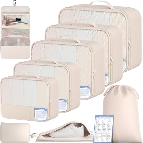 Image of BAGAIL 9 Set Packing Cubes with Packing List Luggage Packing Organizers for Travel Accessories (Cream)