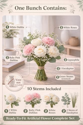 Image of Divyakosh Artificial Flowers for Home Decoration, Flora for Decor | Artificial Flowers for Vase (VASE NOT Included) Home Decor Items, Artificial Dahlia and Rose Flowers Bunch for Vase |