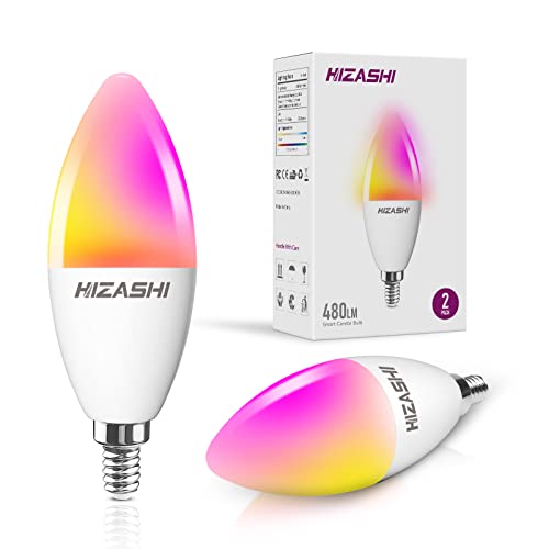 Hizashi Smart Candelabra Bulb, 60W Smart Candelabra Light Bulbs 480Lm, E12 Smart Light Bulbs Works With Alexa & Google Home, 2700-6500K+Rgbcw, No Hub Required, Only Support 2.4Ghz Wifi, Pack Of 2 #TOP25