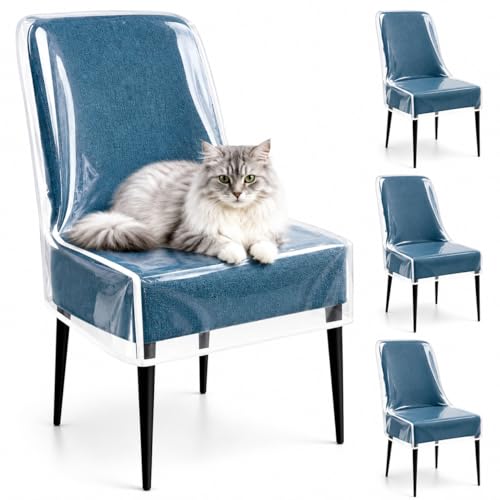 TRIDOK 4 Pack Clear Plastic Dining Chair Covers, Waterproof Dining Chair Protectors with Backrest, PE Chair Seat Covers for Kitchen, Dining Room, Kids Messes, Pet Hair, Cat Claws, Fits 21" x 18" Seat