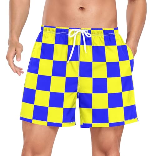 Traje de baño para hombre de secado rápido con diseño a cuadros azul y amarillo cómodo