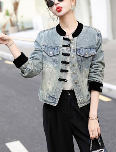 Kwoki Womens Cropped Denim Jacket Casual Long Sleeve Baseball Collar Bomber Jackets Patchwork Short Jean Coat3