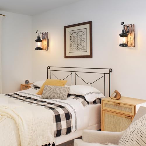 Image of Rustic Wall Light Fixtures Vintage Wall Sconces Sets of 2 Farmhouse Antique Wooden Lamp with Clear Glass Indoor Lighting Black Bedside Sconces Lighting for Bar Cafe Barn Stairs