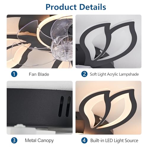 Dalouguan Ceiling Fan with Lights Remote Control, 26" Black Low Profile Ceiling Fan with Light, Modern Leaf Geometric Flush Mount Ceiling Fan for Kitchen Bedroom — view 4