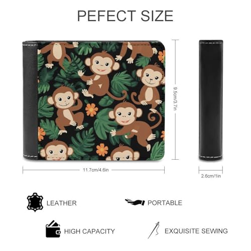 Travel Slim Bifold Wallet for Men, Compact Thin Credit Card Holder Organizer Green Leaves Cute Funny Monkey Pu Leather Purse Bags for Office Shopping2