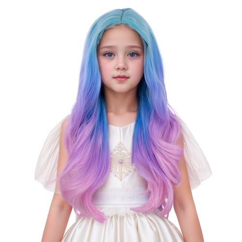 Image of Rainbow Wig for Kids Girls Long Colorful Wavy Curly Wig Children Multi Color Middle Part Wigs Heat Resistant Synthetic Wigs with Cap