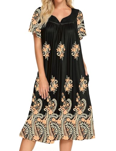 Image of Bloggerlove Mumu House Dress for Women with Pockets Short Sleeve Nightgowns | 15% Cotton, 80% Polyester, 5% Spandex, Floral Mumu House Dress, V-Neck, Short Sleeves, Midi Length, 2 Side Pockets, Lounging