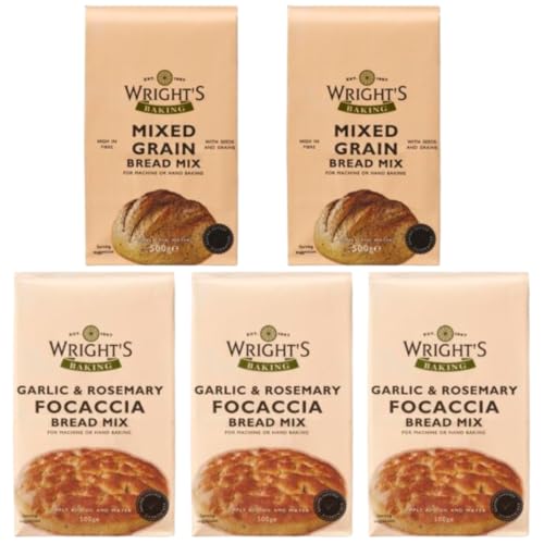 Mixed Grain Bread Mix 2X500g & Garlic & Rosemary Focaccia Bread Mix 3X500g – High-Fiber Multigrain Bread, Low GI, Ideal for Makers & Hand Baking, Pizza Bases, Rolls & More