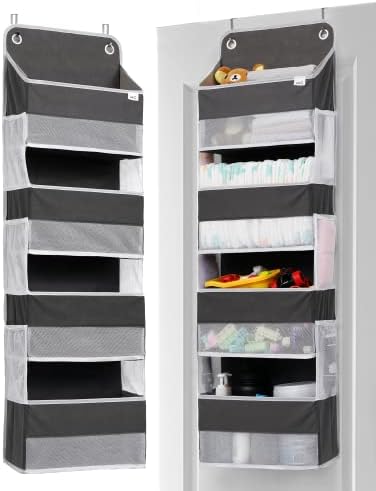 ULG Over Door Organizer with 4 Large Pockets 6 Mesh Side Pockets, 33 lbs Weight Capacity Hanging Storage Organizer with Clear Window for Bedroom Nursery, Baby Kids Toys, Diapers, Dark Grey (1 Pack)