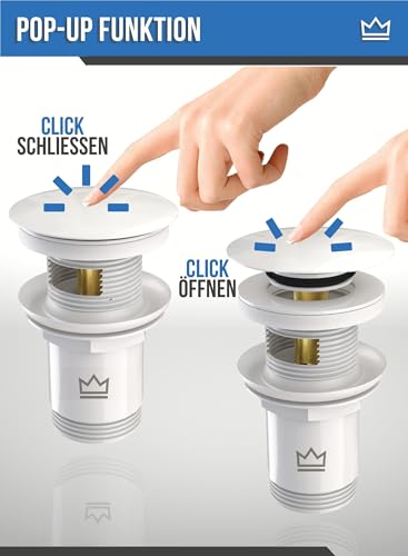 FEINER® Universal Waschbecken Ablaufgarnitur - Glanzweiß - für Waschbecken & Waschtische Aller Art MIT und OHNE Überlauf, Stöpsel herausziehbar mit Haarfänger, GRATIS Dichtungen & Einbauanleitung