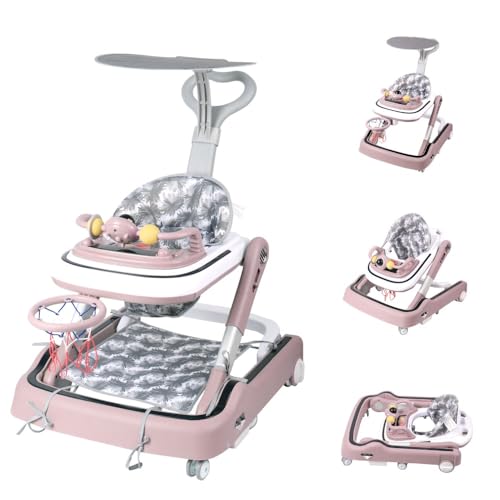 Andador Bebe con conjunto de juego y alfombra de suelo, ayuda a caminar resistente plegable con 5 posiciones ajustables, ideal como ayuda para caminar para los primeros pasos de tu hijo (rosa, 65 x 58