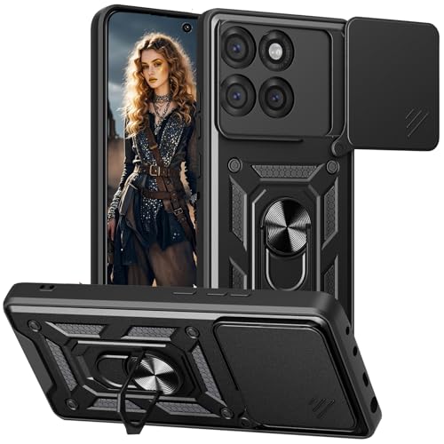 Ephoou for Motorola Edge 60 Pro Case Magnetic with Slide Camera Cover, Military Grade Shockproof Protection Rugged Armor Cover with Ring Kickstand for Moto Edge 60 Pro SJ Black