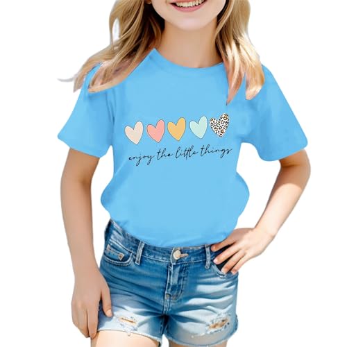 Image of Girls' Cute Graphic Print Cotton T-Shirt - Round Neck Short Sleeve Tee for Kids, Lightweight Soft Summer Casual Top, School and Christmas Shirt (02-Blue, 11-12 Years)