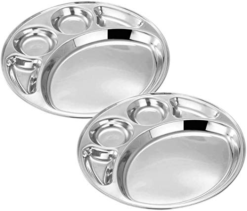 Khandekar Set of 2 Stainless Steel Round Dinner Plate with 5 Compartment, Food Divided Plate, Kids Lunch Plate for Toddlers, Indian Dinner Plates, Thali, All Occasion - Silver, 13 inch