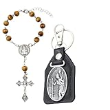 PjuQow Rosenkranz Katholisch, Christopherus Auto, Heiliger Christophorus Auto, 4-teiliges Set mit Holzperlen, Schlüsselanhänger und Geschenktasche