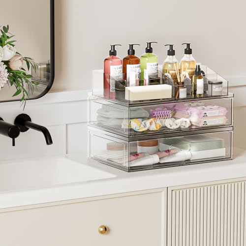 Image of Clear Stackable Makeup Organizer with Drawer, 12''W Acrylic Storage Drawers, Cosmetic Display Case for Vanity Bathroom Countertop, Beauty Holder for Lipstick Brush Skincare Perfume