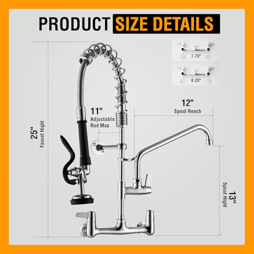 Image of GIMILI Commercial Sink Faucet with Sprayer, 25 inch Height 8 Inch Center Pull Down Wall Mount Faucet for Restaurant, Kitchen, Industrial, Farmhouses Sink