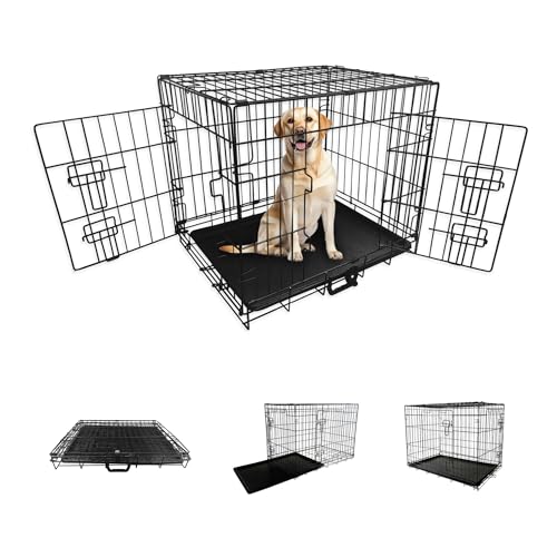 Straame Heavy-Duty Folding Dog Crate for XL Dogs 107 × 68 × 75 cm (42) Black Metal Cage with Front & Side Doors Chew-Resistant Removable Easy-Clean Plastic Tray & Carry Handle