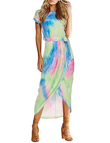Women's Boho Casual Maxi Short Sleeve Split Tie Dye Dress with Belt