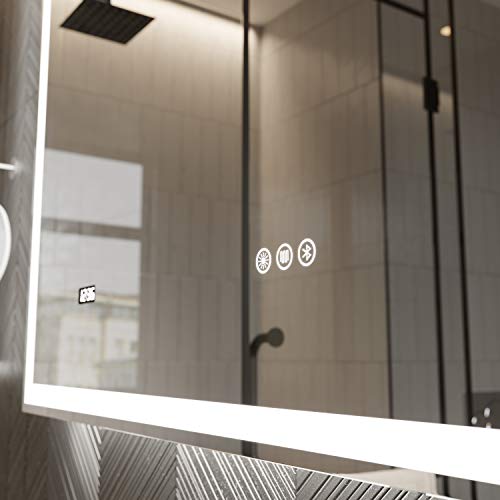 PetusHouse 48 X 36 Inch LED Lighted Smart Bathroom Mirror, Bluetooth Speaker and 5.5 Inch 3X Lighted Magnifier, Wall Mounted White Light Backlit Dimmable Anti-Fog Time Display CRI>90, Horizontally