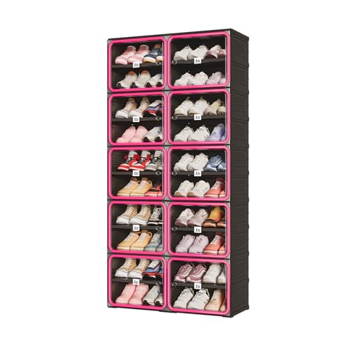 Vipbox No Assembly 10 Tier Collapsible Shoe Rack, 40 Pairs Foldable Shoe Storage Cabinet with Doors, Large Shoe Organizer for Closet, Black & Rose Red