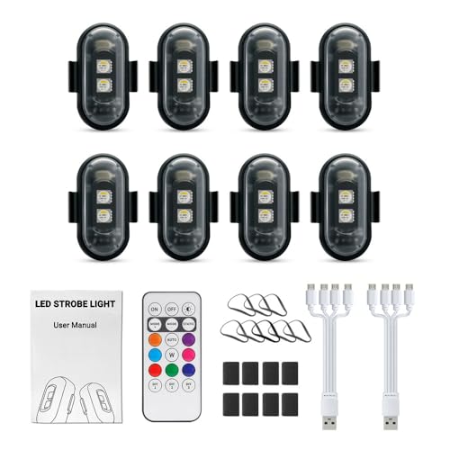 Wireless Led Lights for car, High Brightness Led Strobe Lights with Remote Control,8pcs Rechargeable Mini Warning Aircraft Drone Strobe Light for Vehicles Motorcycle Bike Moto