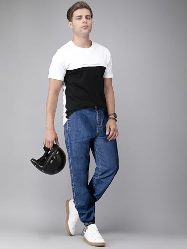 Image of Men's Comfort Fit Denim Lycra Joggers Jeans Stretchable High Rise Relaxed Fit Available in Dark Blue Navy Blue Light Blue Full Length Soft Fabric Machine Wash