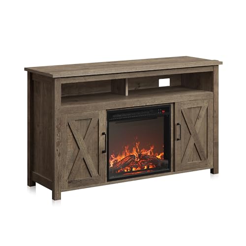 BELLEZE Modern 48" Barn Door Wood TV Stand with 18" Electric Fireplace Heater & Media Entertainment Center Console Table for TV up to 50" with Two Open Shelves and Cabinets - Corin (Dark Wal
