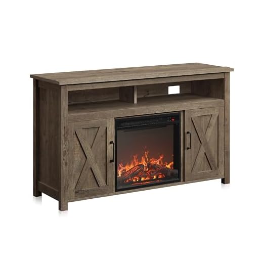 BELLEZE Modern 48 Inch Barn Door Wood TV Stand with 18 Inch Electric Fireplace & Media Entertainment Center Console Table for TV up to 50 Inch with Two Open Shelves and Cabinets - Corin (Classic Wood)