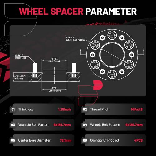 Image of BDFHYK 6x5.5 Wheel Spacers Thickness 1.25 Inch Compatible with Chevy 1999-2023 Silverado Sierra Avalanche 1500 Tahoe Yukon, 6x139.7mm 6 Lug M14x1.5 Studs & 78.1mm Hub Bore, Hubcentric Wheel Spacer