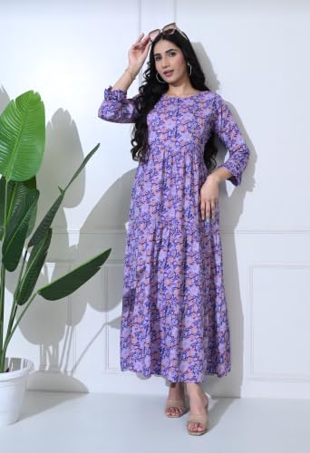 Image of Amazon Brand - Tavasya Women Botanical Floral Printed Maternity Midi Dress | Round Neck | 3 /4 Ruffle Sleeves | Concealed Feeding Zip | Gathered Tiered Nursing Dress