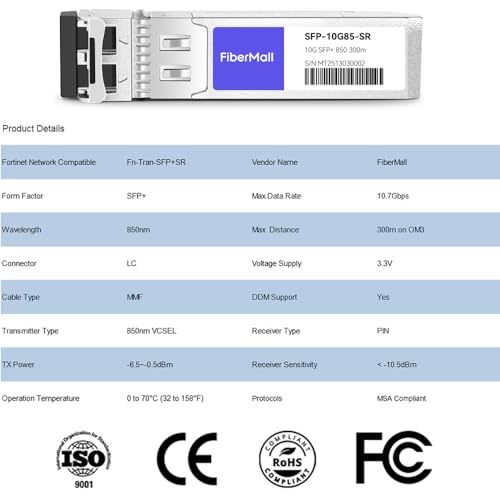 Image of SFP+10G SR Optical Transceiver Module Compatible with Fortinet Network Fn-Tran-SFP+SR 10GBASE-SR SFP+ 850nm 300m DDM Duplex LC MMF 4 Pack