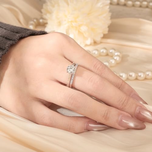 Image of Jeulia Round Cut Moissanite Engagement Ring Set for Women | D Color VVS1 925 Sterling Silver Wedding Band & Promise Ring Bridal Set | with Gift Box, Anniversary Proposal Gift for Her