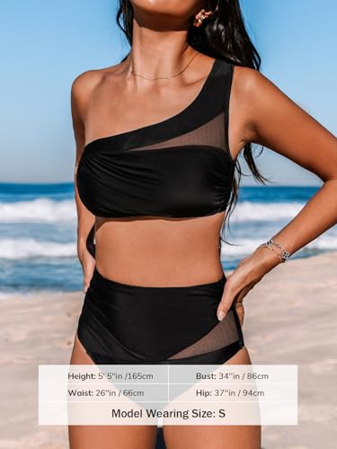 CUPSHE Women's Bikini Sets One Shoulder Two Piece Swimsuit High Waisted Asymmetrical Neck Ruched Cutout Mesh4