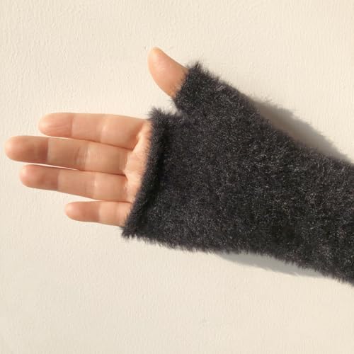Dressica Women Black Arm Warmers Knit Mitten Mink-Like Furry Fingerless Gloves with Thumb Hole Soft Y2K Wrist Warmers Sleeve (Black) - Thumbnail 5