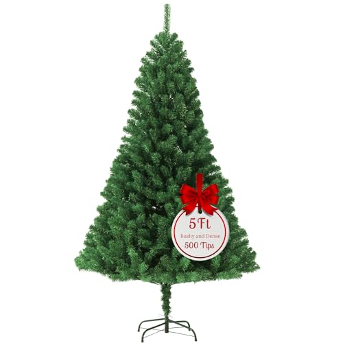 EVRE 5FT Realistic Artificial Christmas Tree 500 PVC Tips Pine Branches Metal Stand Easy Assembly Bushy Premium Fir Christmas Tree 5FT 150cm Green Small Xmas Tree Indoor Outdoor Holiday Decorations