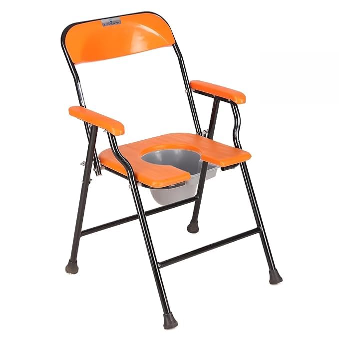 Medsor Impex Folding Commode Over Toilet, Bedside Commode Chair, Sturdy, Comfortable & Easy to clean Plastic Seat, Suitable for Old People, Pregnant Women and Disabled Individuals Orange