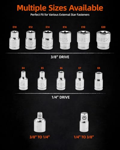Image of 13-Piece E-Torx Socket Set with 6-Point Star Design - E4 to E20 Sizes, 1 /4 inch & 3 /8 inch Drive, Hardened CR-V Steel, Impact Wrench Compatible, Sturdy Molded Case