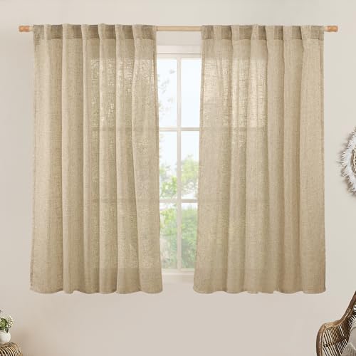 LAMIT Brown Linen Curtains 45 Inches Long 2 Panels, Light Filtering Panels Back Tab and Rod Pocket Neutral Drapes for Kitchen/Window/Bedroom, 52 x 45 Inch