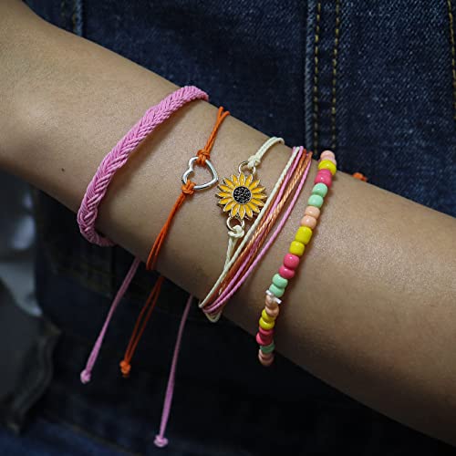 Colorful Bling 4 Pieces Summer Surf Anklet Bracelet Adjustable Chain Braided Rope Bracelet Sunflower Friendship Bracelet Beach Surf Jewelry Female Teen Girl-A Pink #TOP2