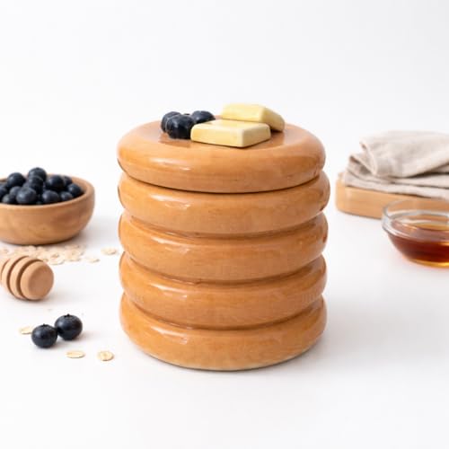 Image of Pancake Stack Ceramic Jar with Lid | Cute Handmade Kitchen Storage Canister | Faux-Food Whimsical Style | Lead-Free Clay