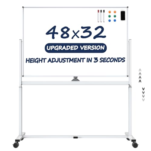 Image of Large Dry-Erase Rolling Magnetic Whiteboard - TSJ OFFICE 48 x 32 Inches Dry Erase Board with Stand Height Adjust Double Sides Mobile White Board Easel on Wheels Office, Home & Classroom