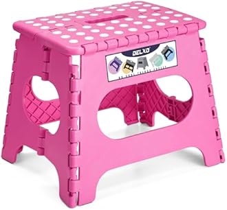 Delxo Folding Step Stool,11 Inch Non-Slip Foldable Step Stools for Kids and Adult,Portable Lightweight Small Folding Stool with Handle for Kitchen Bathroom in Pink,1 Pack
