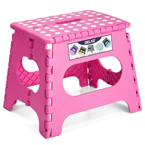 Delxo Folding Step Stool,11 Inch Non-Slip Foldable Step Stools for Kids and Adult,Portable Lightweight Small Folding Stool with Handle for Kitchen Bathroom in Pink,1 Pack